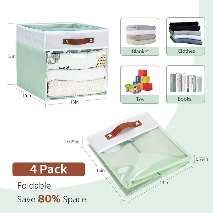 HNZIGE 13x15x13 Cube Storage Bins, 4 Pack Fabric Clear Organizer With Window, Large Collapsible Shelf Bins for Closet, Toy, Clothes - White Green-Ruum Studio Home