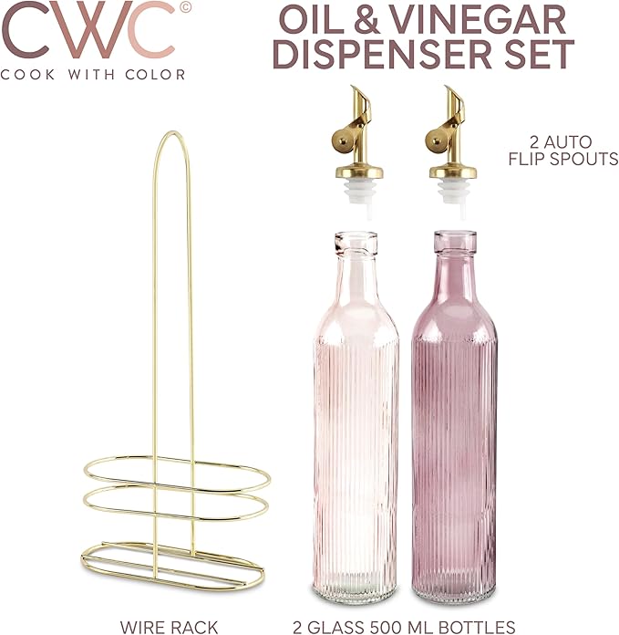 COOK WITH COLOR Glass Olive Oil Bottle Dispenser - 2 Pack- 17oz Oil and Vinegar Cruet - Olive Oil Carafe Decanter for Kitchen-Ruum Studio Home
