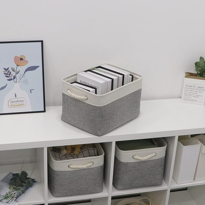 Bidtakay Baskets Set of 3 Storage Baskets for Organizing Large Fabric Storage Bins for Shelves Decorative Canvas Bins Collapsible Empty Baskets for Closet,Nursery,Clothes,Toys,Shoes(White&Grey)-Ruum Studio Home