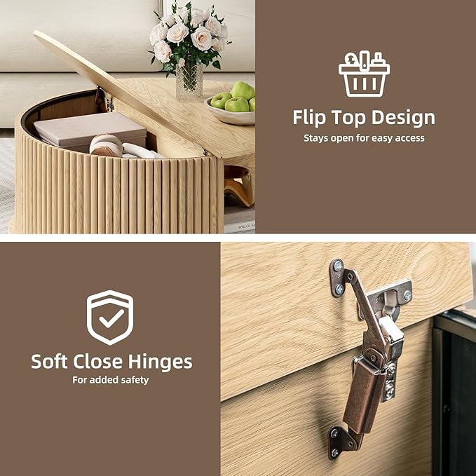 Round Coffee Table with Storage,Fluted Lift Up Coffee Table with Sliding Door,31.5" Drum Center Table with Bun Feet for Living Room,Home Small Space,Oak-Ruum Studio Home