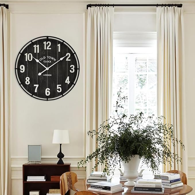 Large Old Town Farmhouse Wall Clock – 24 Inches Rustic Antique Wood with Metal Circle and Large Numerals, Silent Battery Operated Clock for Office, Kitchen, Bedroom, Living Room (Black)-Ruum Studio Home
