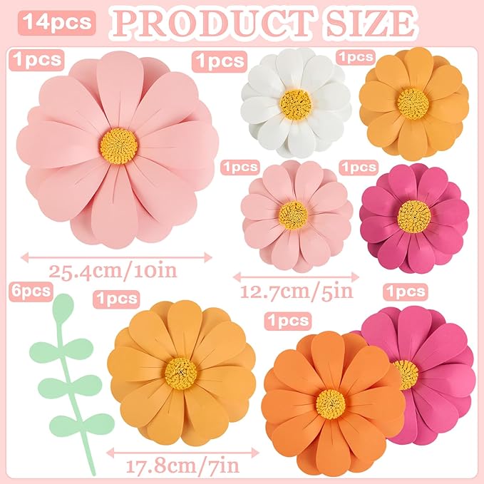 Paper Flowers Decorations for Wall, 3D Handmade Artificial Flowers for Wall Decorations, Pink Orange White, for Baby Girl Nursery Room Bulletin Board Decoration-Ruum Studio Home