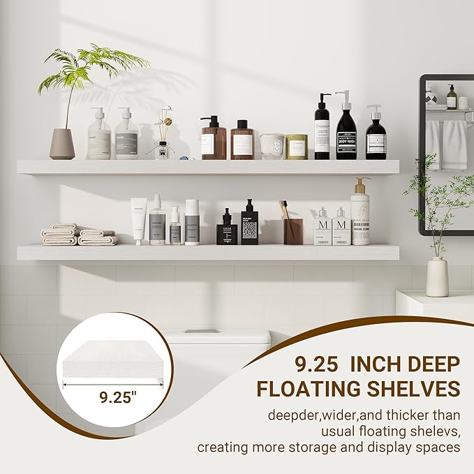 48 Inch Floating Shelves, 48"x9.25"x1.5" Inch Deep Floating Shelves for Wall, Wooden Shelves for Bathroom, Bedroom, Living Room, Cream White Oak-Ruum Studio Home