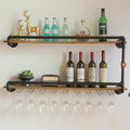 41 Inch Wine Rack Wall Mounted 2 Tier, Hanging Floating Bar Liquor Shelves with Glass Holder Storage Under, Industrial Rustic Pipe Farmhouse Kitchen Decor Black-Ruum Studio Home