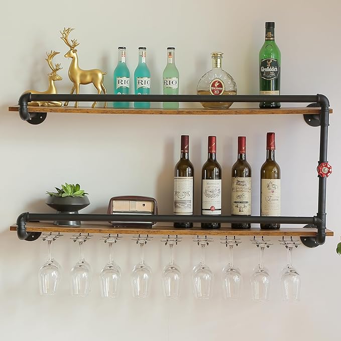 41 Inch Wine Rack Wall Mounted 2 Tier, Hanging Floating Bar Liquor Shelves with Glass Holder Storage Under, Industrial Rustic Pipe Farmhouse Kitchen Decor Black-Ruum Studio Home