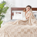 Cozy Bliss Checkered White Faux Rabbit Fur Throw Blanket, Soft Fuzzy Fluffy Minky Cream Furry Blankets for Couch, Bed (Tan, Queen(90" x 90")-Ruum Studio Home