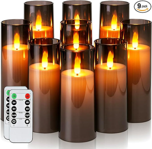 Homemory Decorative Flameless Candles, Battery Operated Candles with Remote & Timer, Flickering Led Pillar Candles, Plexiglass, Grey, Pack of 9, D2.2 xH 5" 6" 7"