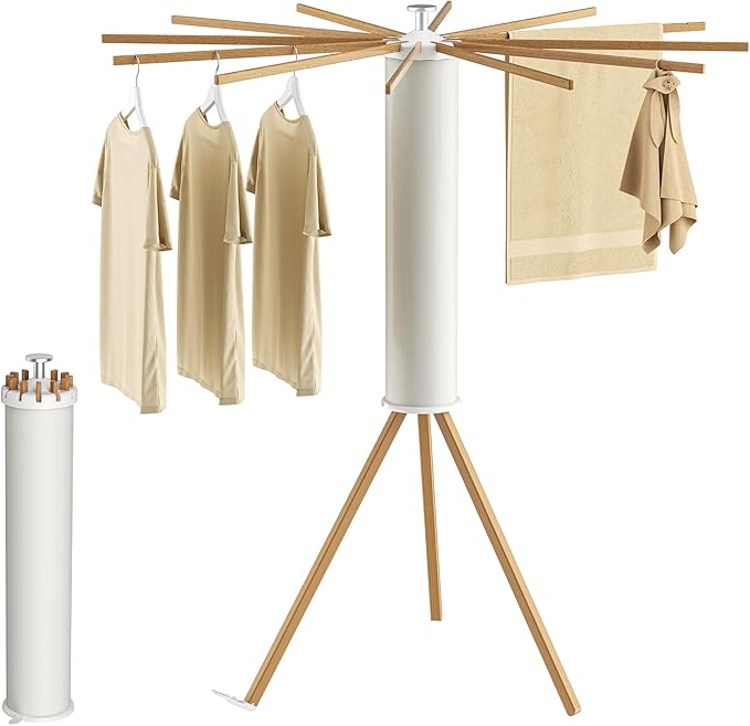 Tripod Clothes Drying Rack, Garment Rack Portable and Foldable Space Saving Laundry Drying Rack - Dryer Rack Clothing Floor Folding Balcony Bedroom Household (Beige(Wood), 12 rods)-Ruum Studio Home