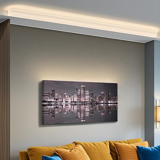 Conipit Chicago Wall Art Chicago Skyline Artwork City Night Downtown Picture Cityscape Painting Framed for Bedroom Home Office Decor 24"x48"-Ruum Studio Home