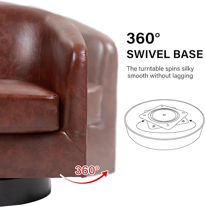 Swivel Barrel Accent Chair, Modern Round Faux Leather Arm Chair for Living Room, Bedroom, Comfy Club Reading Chairs for Adults(Faux Leather, Red Brown, Set of 1)-Ruum Studio Home