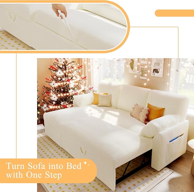 VanAcc Sofa Bed, Sleeper Sofa- 2 in 1 Pull Out Couch Bed with Storage Chaise for Living Room, White Sherpa 84in x 59in x 39in-Ruum Studio Home