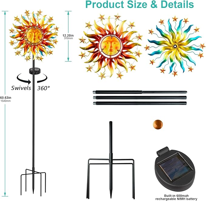 Solar Wind Spinner Metal Sun Decor, Wind Sculptures & Spinners 60.3 in Garden Kinetic Art with Solar Powered Vine String Shining LED Lights for Outdoor Garden Lawn Yard-Ruum Studio Home