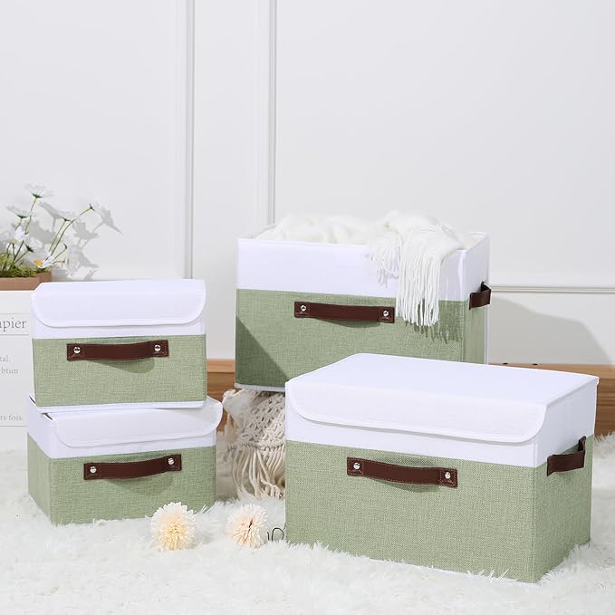 ANMINY 4PCS Storage Boxes with Lid Washable Decorative Storage Bins Basket with PU Leather Handle Foldable Linen Fabric Storage Cubes Containers for Home Closet Organizer - Green White, Large Size-Ruum Studio Home