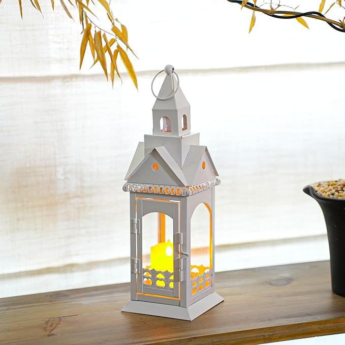 TRIROCKS Rustic Style Metal Candle Lantern 12'' High Decorative Outdoor Lantern Candle Holder with Tempered Glass House Shape for Home Living Room Garden Patio Parties Indoors Outdoors (White)-Ruum Studio Home