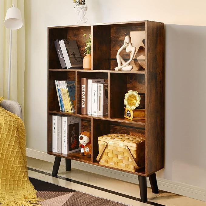 LEYAOYAO Cube Bookshelf 3 Tier Mid-Century Rustic Brown Modern Bookcase with Legs,Retro Wood Bookshelves Storage Organizer Shelf,Freestanding Open Book Shelves for Bedroom,Living Room,Office-Ruum Studio Home