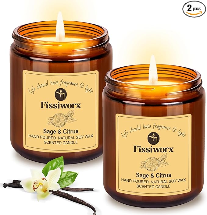 Sage & Citrus Scented Candle Set 2 Pack – Natural Soy Wax Hand-Poured – 60 Hour Long Lasting Burn – Relax and Relieve Stress – Premium Aromatherapy Candle for Home Decor, Gifts-Ruum Studio Home