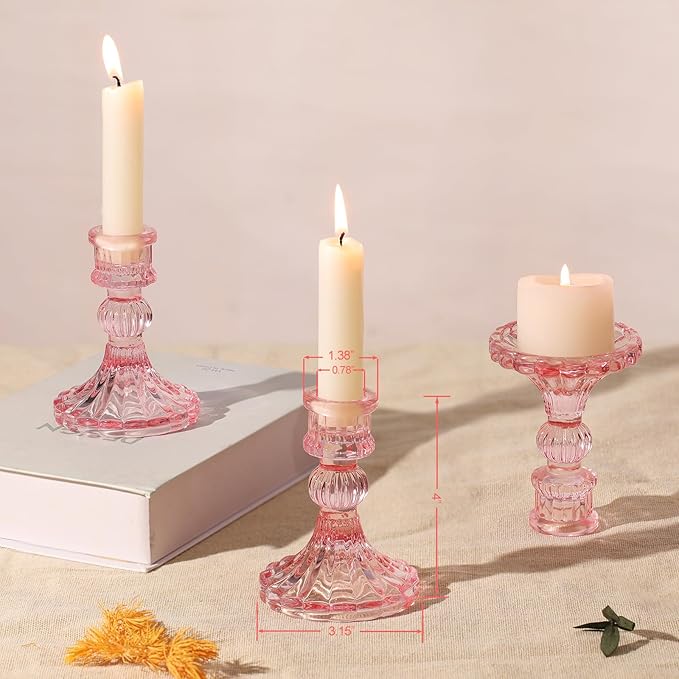 12PCS Pink Candlestick Holders Set- 4" H Taper Candle Holders, Glass Candle Holders Bulk for Wedding, Party, Home Table Centerpieces, Festival Gifts & Windowsill Decor-Ruum Studio Home
