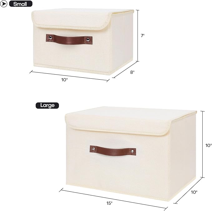ANMINY Storage Bin with Lid Storage Boxes with PU Leather Handles PP Plastic Board Decorative Foldable Lidded Cotton Linen Fabric Home Cubes Baskets Closet Organizer Container - Beige, Small Size-Ruum Studio Home