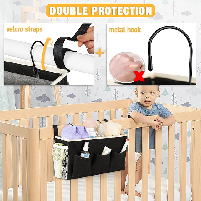 Bedside Caddy Bedside Organizer Bedside Storage Caddy with Fixed Straps and Water Bottle Holder for Home College Dorm Bunk Bed Hospital Bed Crib Bed Rails (2pcs Black)-Ruum Studio Home