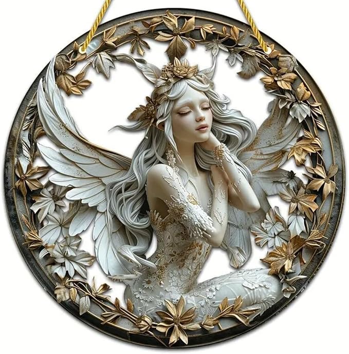 Flower Fairy Garden Decorations Angel Wing Christmas Halloween Deco Statue Art Elf Sculpture Hanging Craft for Outdoor Yard Courtyard Lawn Patio Window Acrylic Ornament Home Gift (C,L: 8*8 IN)-Ruum Studio Home