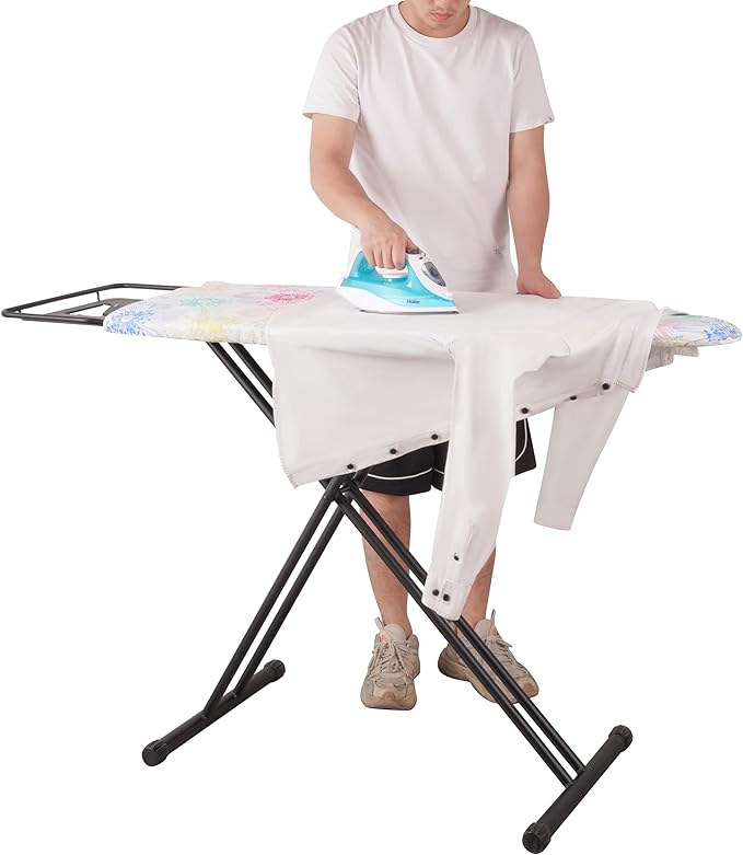 Extra Large Ironing Board with Hang Rail and Iron Rest 63" L x 20" W (Large with Iron Rest (Floral Cover))-Ruum Studio Home
