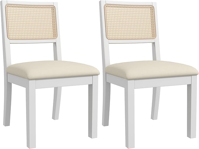 Westice Rattan Dining Chairs Set of 2, Farmhouse Natural Dining Room Chairs with Upholstered Cushion, Wood Armless Chairs for Kitchen/Restaurant, White-Ruum Studio Home