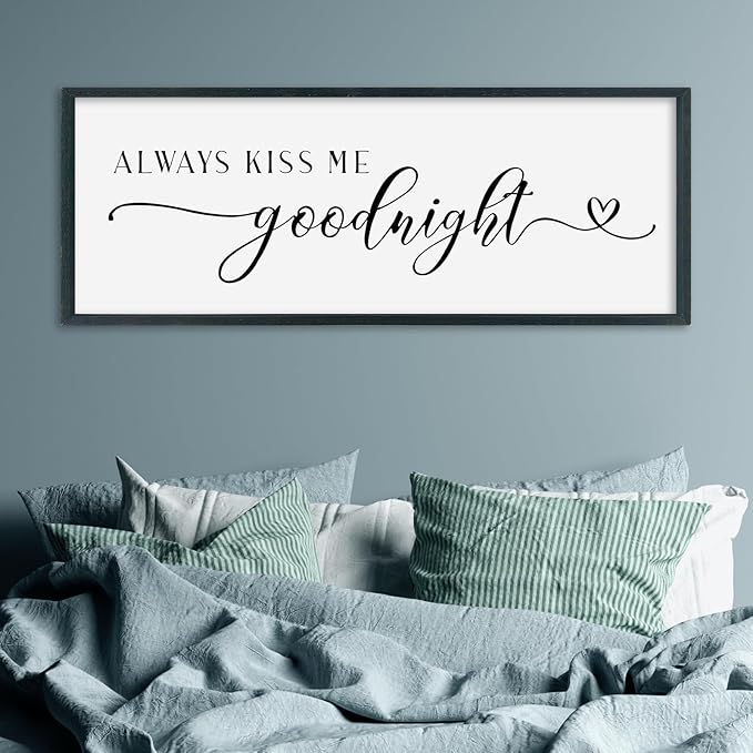SRSZHIYUE Always Kiss Me Goodnight Sign Wall Decor Art for Master Bedroom Above Bed 40"×15" Large Wood Framed Wall Hanging (Black)-Ruum Studio Home