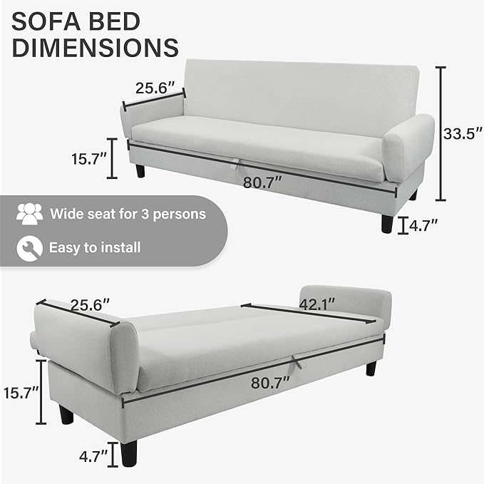 Convertible Futon Sofa Bed, 80.7" Adjustable Sleeper Sofa with Storage, 3-Seater Couch, 5-Position Reclining Back, 7" Thick Cushion, Twin Size Sofa for Small Spaces, Living Room, Bedroom, Dorm, Office-Ruum Studio Home