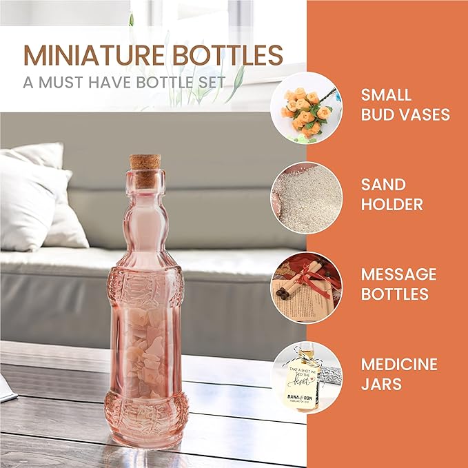 Small MIni Reddish Vintage Glass Bottles with Corks, MIni Vases, Decorative, Potion, Assorted Design Set of 12 pcs, 4.6 Inch Tall (11.43cm), 1.4 Inch Wide (3.56cm)-Ruum Studio Home