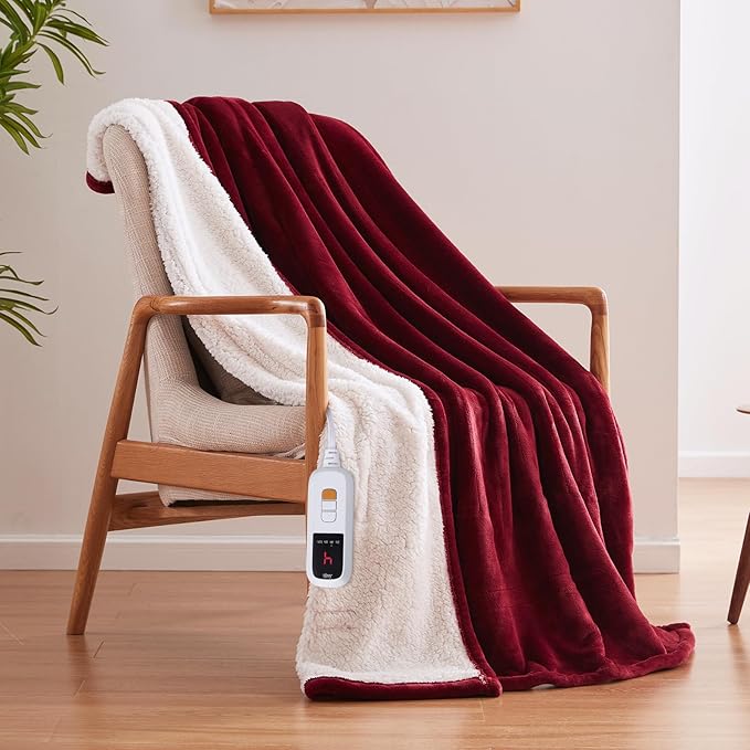 Sealy Electric Blanket Throw Size 50"*60",Super Cozy Flannel to Sherpa Reversible Heated Blanket Throw with 6 Heating Levels & 2-10 Hours Auto Off Overheating Protection Machine Washable,Red-Ruum Studio Home