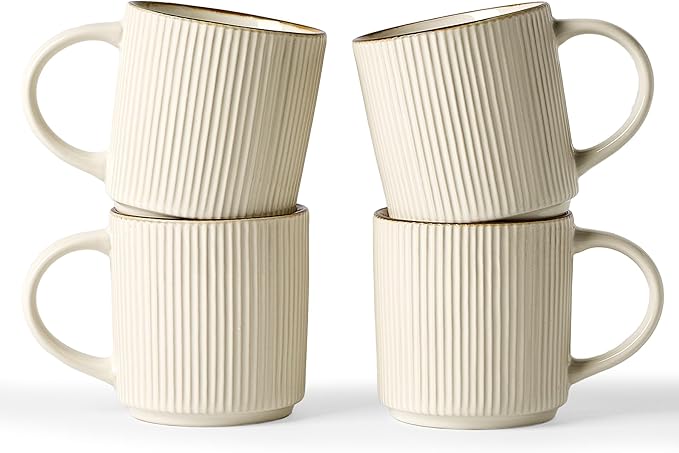 famiware Coffee Mug Set for 4, Star 12 oz Catering Mugs Cup Set with Handle for Coffee, Tea, Cocoa, Milk - Ceramic Stoneware Drinkware Set, White-Ruum Studio Home