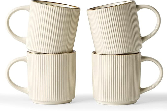famiware Coffee Mug Set for 4, Star 12 oz Catering Mugs Cup Set with Handle for Coffee, Tea, Cocoa, Milk - Ceramic Stoneware Drinkware Set, White-Ruum Studio Home