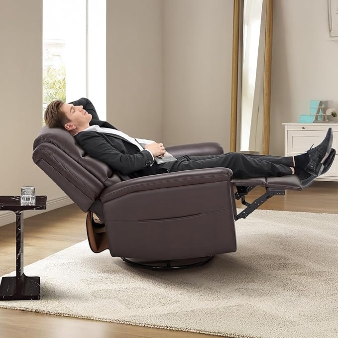 COLAMY Oversized Leather Recliner Chair, 360°Swivel Rocking Manual Recliner with Thick Cushioned Padding Backrest and Wide Seat - Darkbrown-Ruum Studio Home