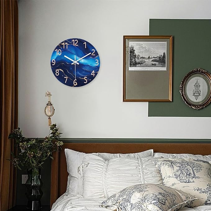 Glass Blue Wall Clocks Battery Operated 16 Inch Marble Pattern Big Clock for Office Abstract Silent Wall Clock Non Ticking-Ruum Studio Home
