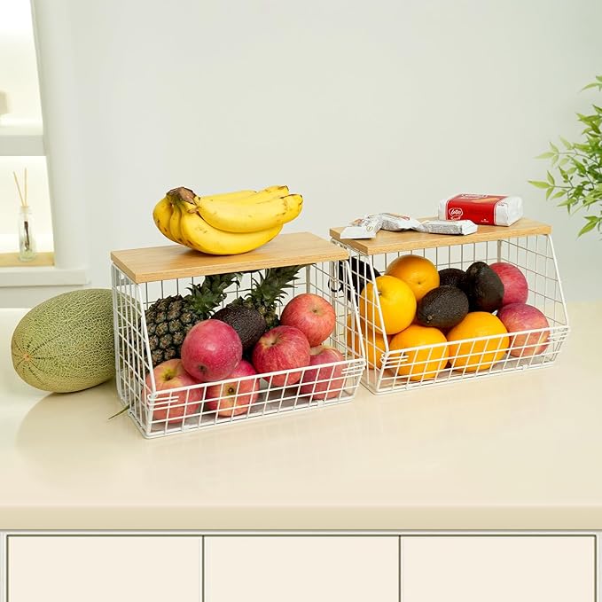 Fruit Basket, 2-Tier Fruit Bowl for Kitchen Counter, Stackable Wall Mounted Fruit Storage, Snack Organizer, Potato and Onion Storage Basket, Hanging Pantry Storage with Wood Lid, 2 Set, White-Ruum Studio Home