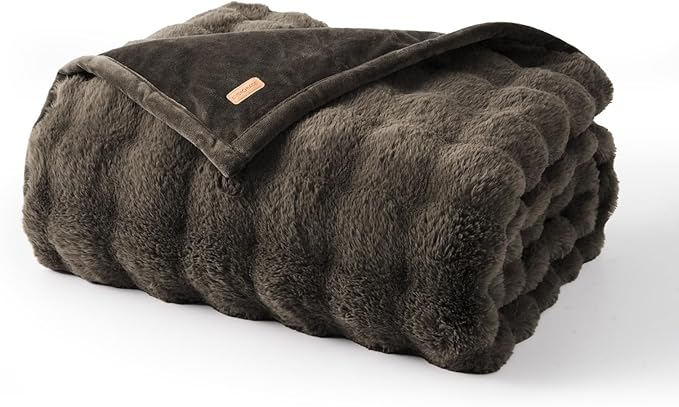 EVERGRACE Ultra Soft Luxury Fluffy Faux Rabbit Fur Throw Blanket, Thick Warm Fuzzy Blankets for Bed, Cozy Plush Reversible Blanket for Couch, Chair, Sofa, Dark Taupe, 60x80 Inches, 870 GSM-Ruum Studio Home