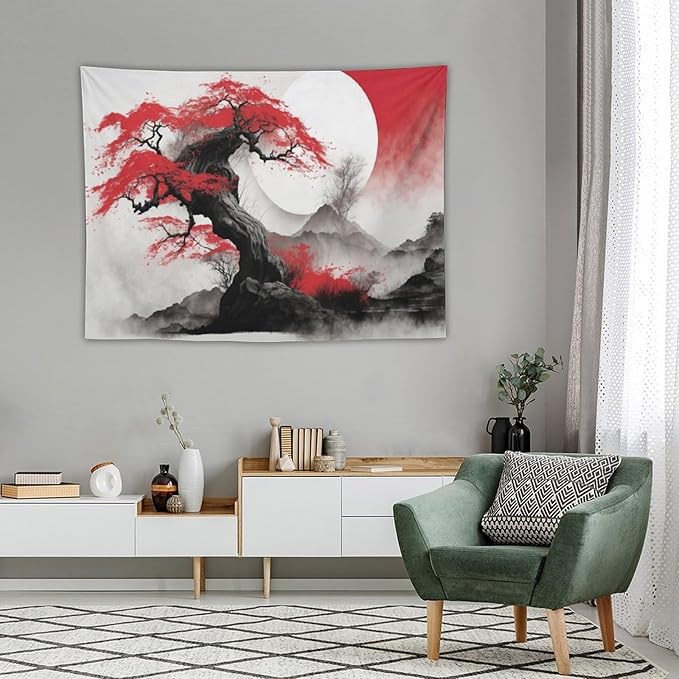Cherry Blossoms Tapestry, Japanese Red Landscape Asian Abstract Art, Bedroom Living Room Decor 40"x30"-Ruum Studio Home