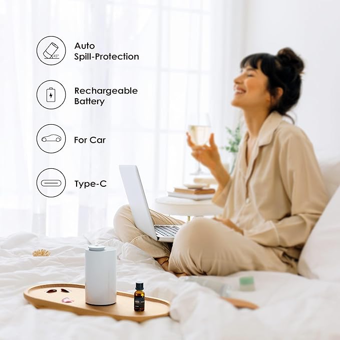Waterless Diffuser for Essential Oil, Battery Operated Nebulizer, 0.7 Fl.Oz./ 20mL Capacity, Mini Scent Air Machine, 3 Countdown Timers & 3 Mist Levels for Home, Room, Car, Office - AN6 Green Lily-Ruum Studio Home