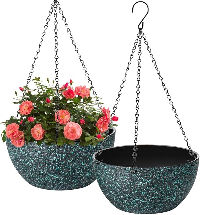 12 inch Hanging Planters for Indoor Plants, 2 Pack Planters for Outdoor Plants with Drainage Holes and Chain, Round Plastic Hanging Baskets, Hanging Flower Pots for Balcony Garden Decor-Black Speckle-Ruum Studio Home