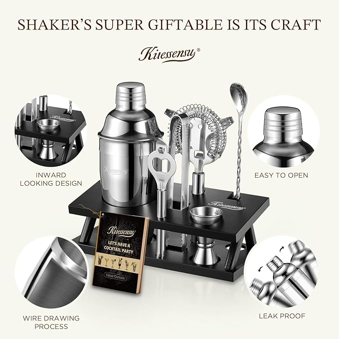 KITESSENSU Cocktail Shaker Set Bartender Kit, 6-Piece Silver Bar Set with Stand, Bar kit with Essential Bar Accessory Tools: Martini Shaker, Jigger, Strainer, Bar Spoon, Tongs, Opener-Ruum Studio Home