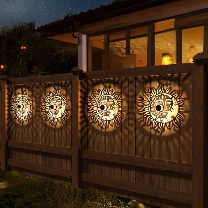 4 Pack Solar Fence Lights Metal Solar Powered Outdoor Wall Deck Step Lights Sun Moon Theme Waterproof Fence Light for Garden Post Patio Backyard Yard Decor, Gardening Gifts for Women Mom Grandma-Ruum Studio Home