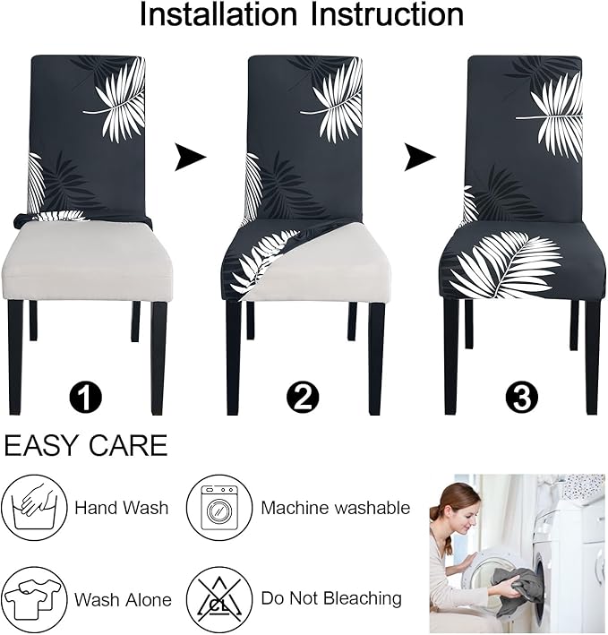 JQinHome Pattern Chair Covers for Dining Room Set of 4, High Stretch Removable Washable Parsons Chair Slipcover for Home Party Hotel Wedding Ceremony (Plume Black,4PCS)-Ruum Studio Home
