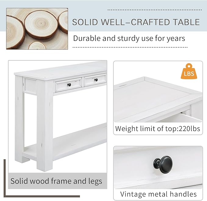 White Console Table,Solid Wood Sofa Table with 4 Drawers Hallway Table for Storage Entry Foyer Behind Couch Table,Fully Assembled (63" White)-Ruum Studio Home