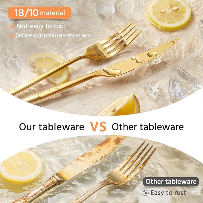 KINGSTONE Silverware Set, 60-Piece Flatware Set Cutlery Set Premium 18/10 Stainless Steel, Tableware Include Forks Knives Spoons for Home Kitchen Restaurant Wedding, Dishwasher Safe,Gold-Ruum Studio Home
