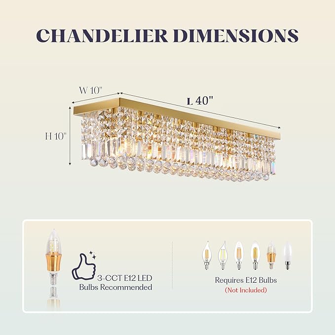 Rectangle Chandelier 8-Light Crystal Chandeliers, Modern Dining Room Light Fixture Luxury Gold Rectangular Flush Mount Chandelier Ceiling Light for Dining Room Living Room Kitchen Island Bar L40 Inch-Ruum Studio Home