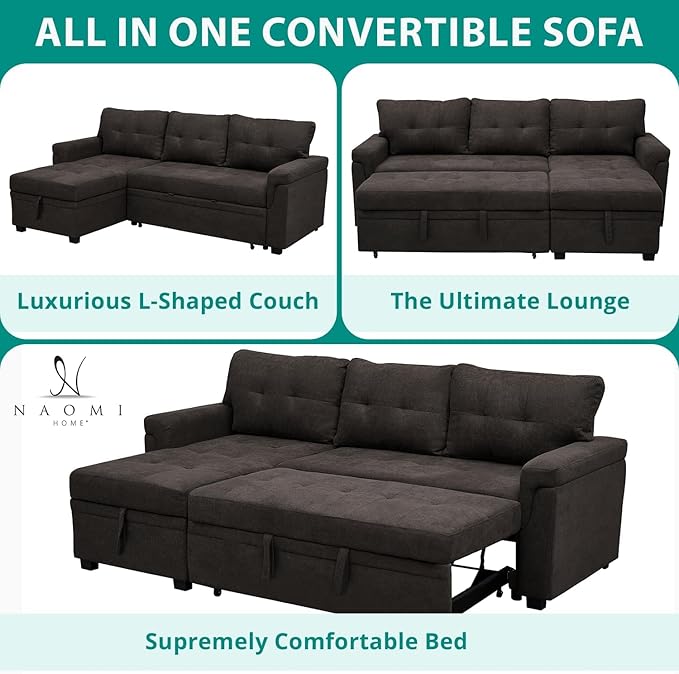 Naomi Home L-Shaped Reversible Sectional Sofa with Pull-Out Sleeper Bed and Storage Chaise, Espresso Velvet-Ruum Studio Home