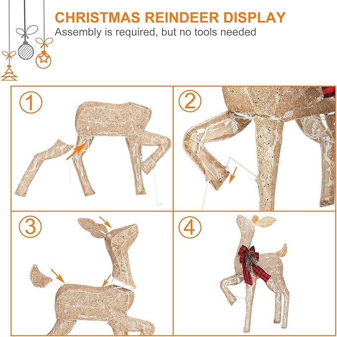 2 Pcs Reindeer Christmas Decoration, Xmas Lighted Golden Shimmering Doe and Fawn Display Set with 105 Warm White Lights for Yard Lawn Indoor Outdoor-Ruum Studio Home