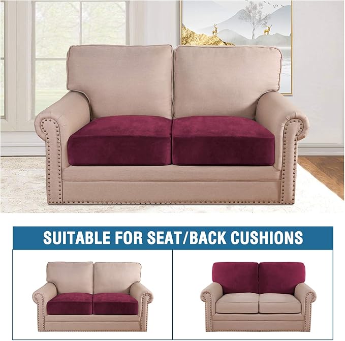 H.VERSAILTEX Velvet Stretch Couch Cushion Cover Plush Cushion Slipcover for Chair Loveseat Sofa Cushion Furniture Protector Seat Cushion Sofa Cover (2 Piece Medium Sofa Cushion Covers, Burgundy)-Ruum Studio Home