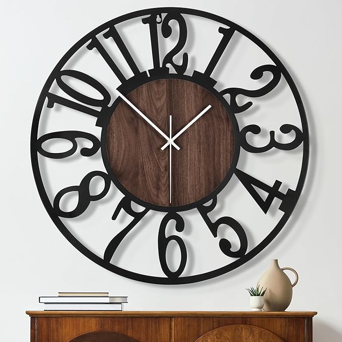 Maxstar Large Round Wall Clock for Living Room Decor Battery Operated Non Ticking Black Metal Wood Clocks for Home Living Room Garden Office Kitchen Decoration -40inch-Ruum Studio Home