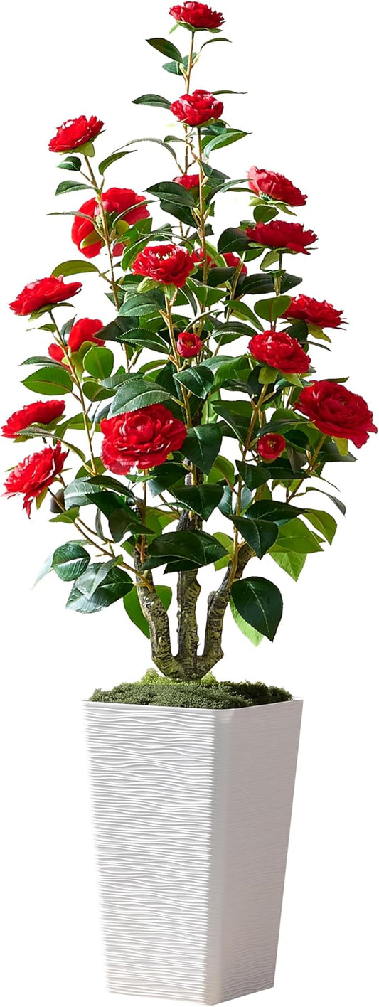 Artificial Camellia Tree 4FT Faux Trees Indoor Fake Floral Plant Blooming Tree with Red Flowers & White Tall Planter, Faux Camellia Plants for Porch Home Room Bedroom Office Front Door Outdoor Decor-Ruum Studio Home